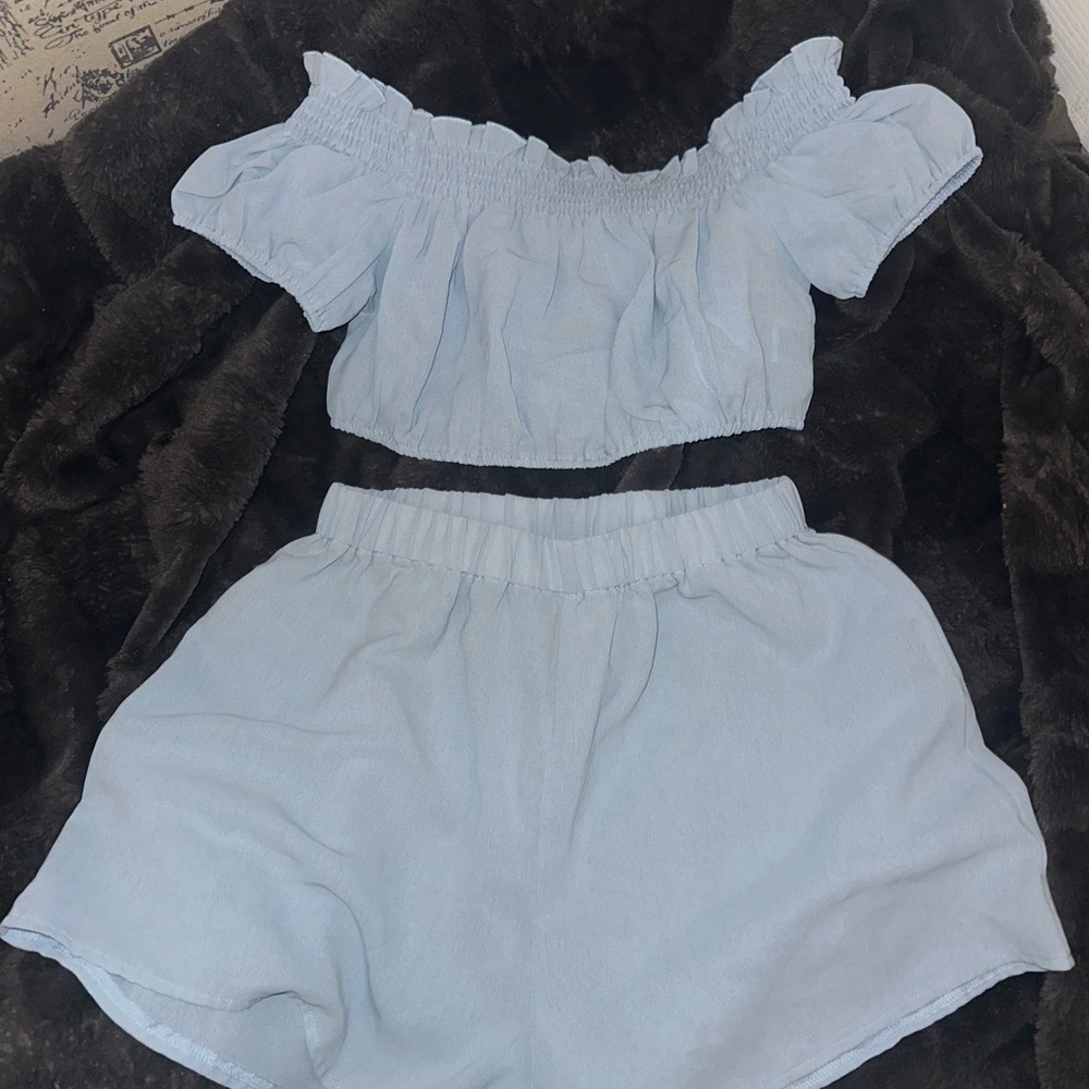 Light Blue Off-Shoulder Top and Shorts Set